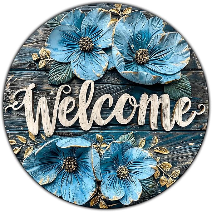 Flower Welcome Metal Sign Vintage Tin Sign Round Sign Aluminum Sign for Farmhouse Kitchen Outdoor Outside Home Backyard Wall Decor 8 Inch