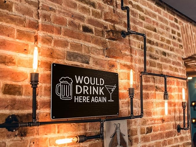 Cool Bar Signs for Home Bar, Metal Man Cave "Would Drink Here Again" Sign, Vintage Beer Wall Decor for Basement, Garage, Outdoor, Alcohol Gifts for Men - 12x8 Inches