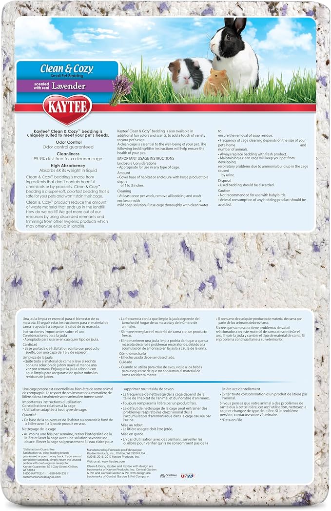 Kaytee Clean & Cozy Lavender Bedding for Pet Guinea Pigs, Rabbits, Hamsters, Gerbils, and Chinchillas, 100 Liters