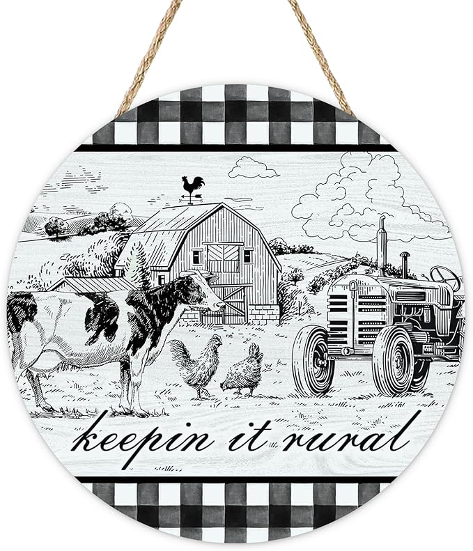 Farm Animals Keeping It Rural Front Door Sign, Farmhouse Cow Chicken Tractor Country Barn Wood Plaque Hanger Home Decor, Rustic Plaid Wooden Wreath Wall Hanging Decoration Gifts for Farmers