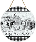 Farm Animals Keeping It Rural Front Door Sign, Farmhouse Cow Chicken Tractor Country Barn Wood Plaque Hanger Home Decor, Rustic Plaid Wooden Wreath Wall Hanging Decoration Gifts for Farmers