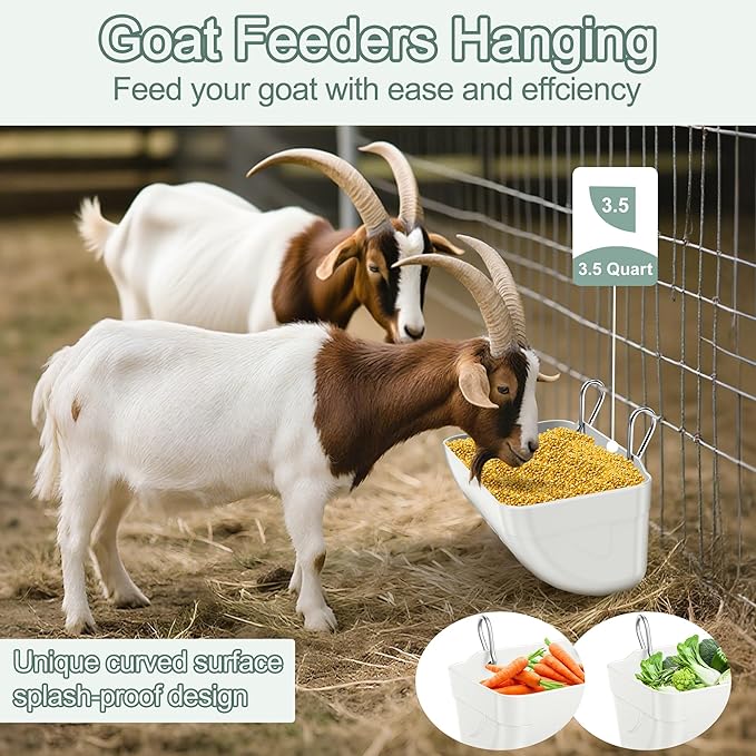 Goat Feeders Hanging, Chicken Waterer Feeder Trough for Poultry Livestock (3 * 3.5 Quart White)
