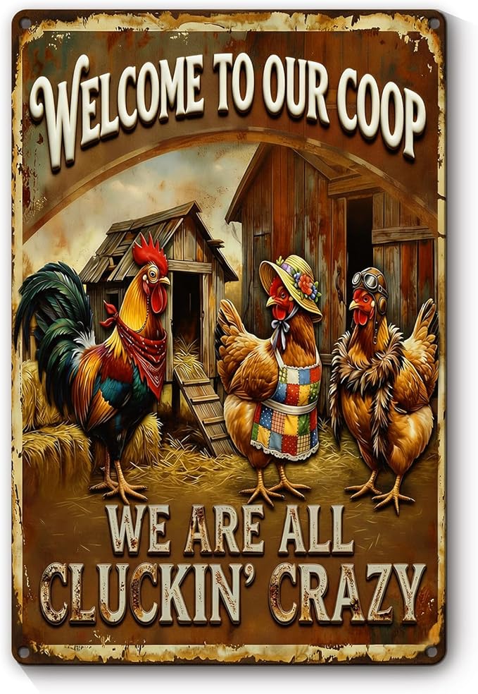 Funny Chicken Metal Sign Outdoor, Aluminum Farmhouse Wall Decor for Coop Door or Yard Area, Fluffy Humor Country Living Style, Rustic 8x12 Inch Gift