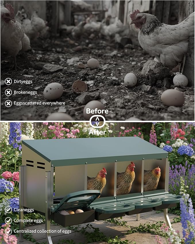 Chicken Nesting Boxes, 4 Hole Metal Rollaway Nest Box for Laying Hens with Cleanable Pull-Out Trays Wall Mount or Placed Design for Easy Egg Collection & Cleaning(Includes Legs)