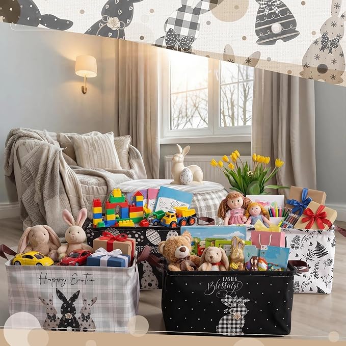 CHENGU 6 Pack Easter Storage Bin Collapsible Easter Basket for Gifts Large Bunny Eggs Black White Holiday Decor Decorative Rabbit Basket Farmhouse Foldable Box with Handle for Bedroom Office Home