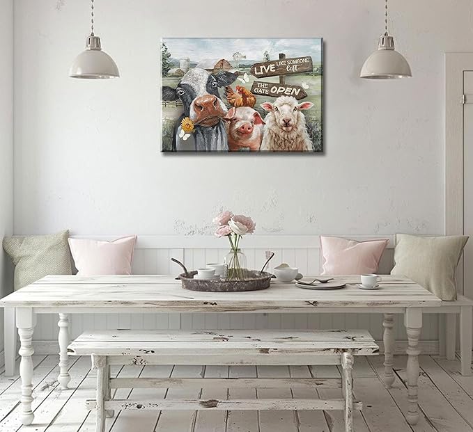 Funny Farm Animals Canvas Wall Art Rustic Farmhouse Poster Print Picture Cute Cow Sheep Pig Chicken Barn Country Sign Painting Artwork Wall Decor for Dining Room Bedroom Kitchen 12x16in Framed