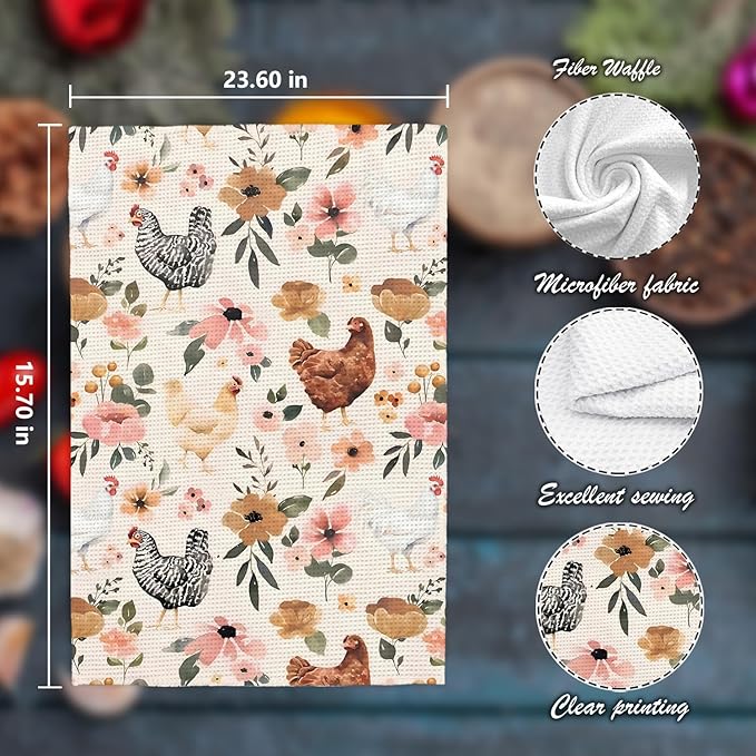 Chicken Kitchen Towels, Chicken Dish Towels, Chicken Gifts for Women, Chicken Mom Lady Gifts, Chicken Gifts for Chicken Lovers, Chicken Floral Hand Towels for Bathroom, 16x24 Inch