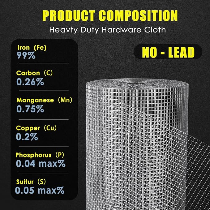 GOLDPEAK GoldPeak Hardware Cloth 60 inches x 50 Foot with 1/2 inch Mesh 19 Gauge - Chicken Wire Fence Roll Garden Fencing Galvanized Wire Mesh Roll Tree Guard Snake Fence