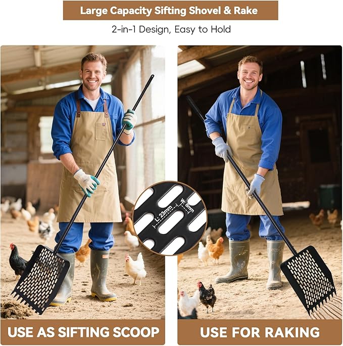 Large Chicken Poop Scooper & Rake 2-in-1, Heavy Duty Metal Pooper Scooper with 43" to 90" Adjustable Stainless Steel Handle, Sand Sifting Shovel for Chicken Coops & Farm Animals Little Scoop
