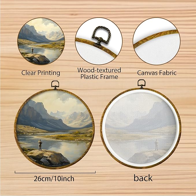 Hiuwevt Forest Fishermen Round Wall Art Decor, Vintage Moody Pine Tree Campsite Framed Canvas Prints, Retro Rustic Forest Camping Round Wall Hanging Decor for Bedroom Home Decorations, 10x10 Inches