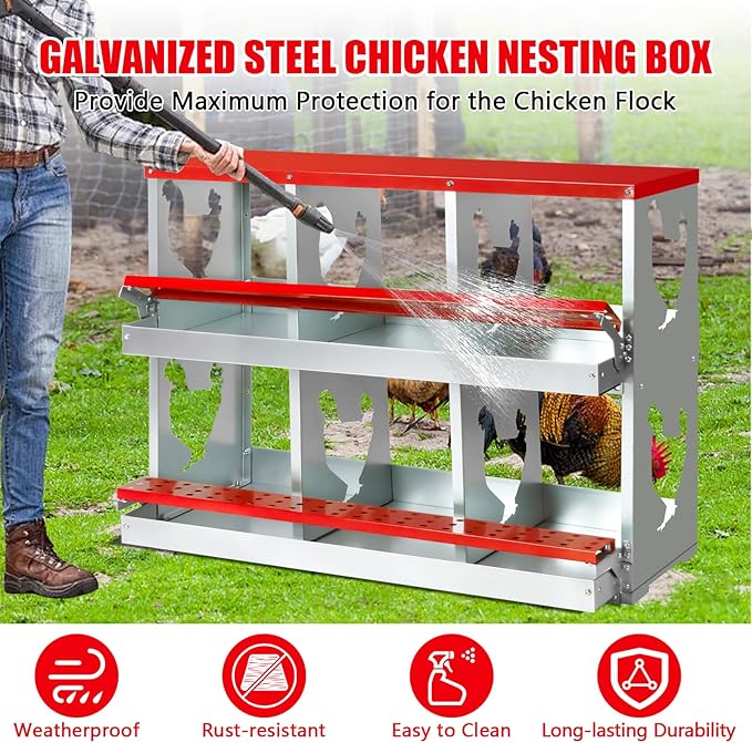 6 Hole Chicken Nesting Box,Roll Away Nesting Boxes for Laying Eggs with Large Vented Holes,Wall-Mountable Chicken Coop Nesting Boxes,Metal Laying Boxes for Hens,Ducks(Red)