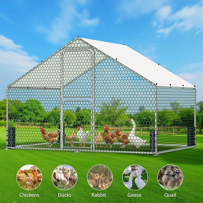 Large Metal Chicken Coop, Walk-in Chicken Run with Feeding Door, Security Lock and Cover, Outdoor Duck/Rabbit Cage Poultry Pen for Backyard, Farm, Yard (Silver - Spire Roof, 9.8 x 6.5 x 6.5 FT)