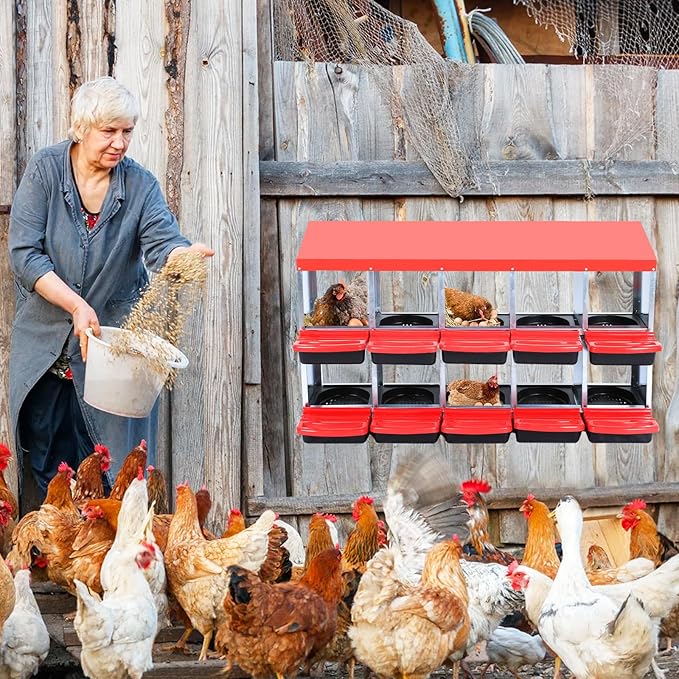 GarveeHome 2-Tier Chicken Nesting Box, 10 Compartment Metal Chicken Laying Boxes with Waterproof Roof ＆ Removable Trays for Hens, Poultry，Easy Egg Collection