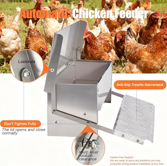 Chicken Feeder Rat Proof Automatic Treadle Feeder No Waste,Stainless Steel Outdoor Chicken Food Dispesner for Polutry and Duck Bantams Pheasants,with Weatherproof Lid