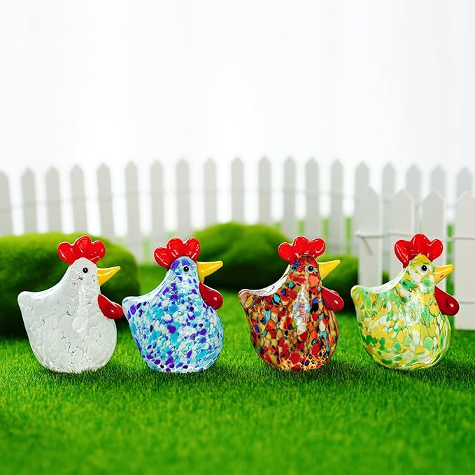 H&D HYALINE & DORA Blown Glass Chicken Figurines Set of 2 Handmade Art Glass Rooster Figurine Crystal Animal Figurine Collectible for Home Decoration Ornament