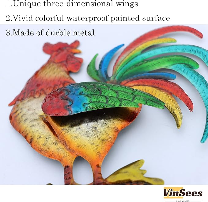 VinSees Metal Rooster Wall Art Decor, Chicken Gifts for Women, Mom, Grandma, Wife; 3D Rooster Wall Sculpture Set of 3 for Kitchen