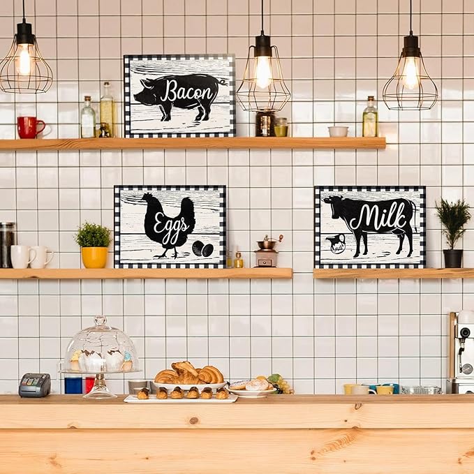 Jetec 3 Pieces Farmhouse Kitchen Decor Wooden Pig Cow Chicken Signs Rustic Buffalo Plaid Wall Art Farm Animal Plaque for Kitchen Home Wall Decorations, 13.8 x 10.3 Inch