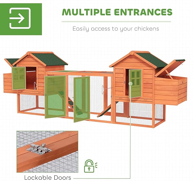 PawHut Dual Wooden Chicken Coop with Garden Bed, Large Outdoor Hen House with Nesting Boxes Removable Trays, Ramps Run, for Garden Backyard, 123" x 27.5" x 42.5", Natural Wood