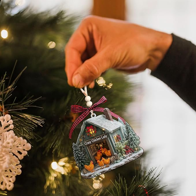 Chicken Ornaments for Christmas Tree 2025 - Farmhouse Decorations Gifts for Chicken Lovers, Farmers, Women, Men - 2D Flat Chicken House Farm Wooden Ornament