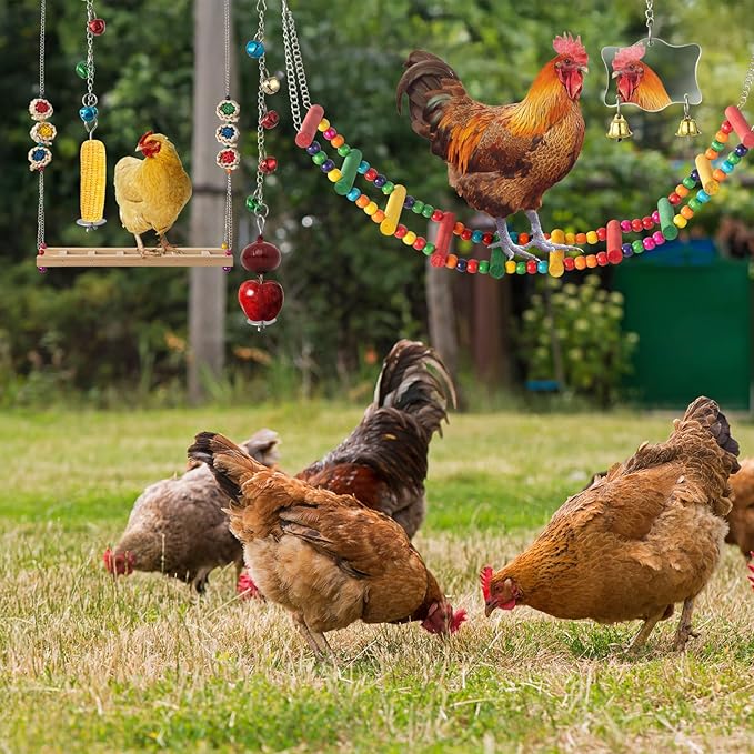 Little World 12PCS Chicken Toys for Coop - Complete Set of Chicken Toy, Coop Accessories Swing Ladder Bridge Mirror Pecking Toy Entertainment