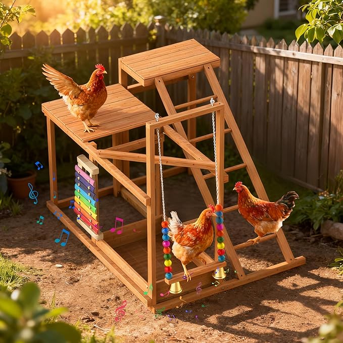 Chicken Perch with Swing, Chicken Roosting Bars, Wood Toy for 3-4 Birds, Hen Ladder & Activity Play, Chickens for Coop with Multiple Perches & Feeder, Suitable for Backyard Farm