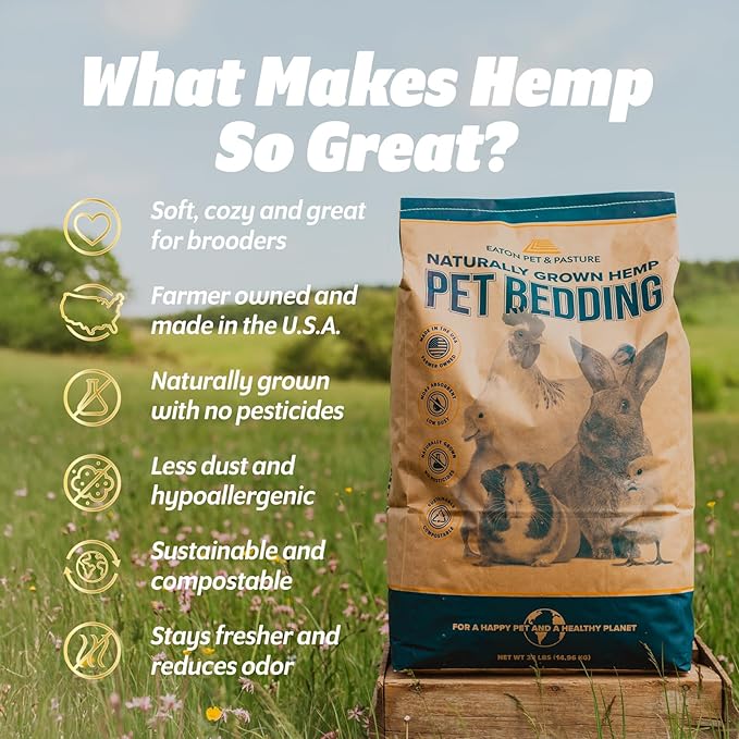 Eaton Pet and Pasture Naturally Grown Hemp Pet Bedding for Chickens, Nesting Boxes, Rabbits, Hamsters, Small Pets, Highly Absorbent, Hypoallergenic, Eco-Friendly, Farmer Owned 33LB