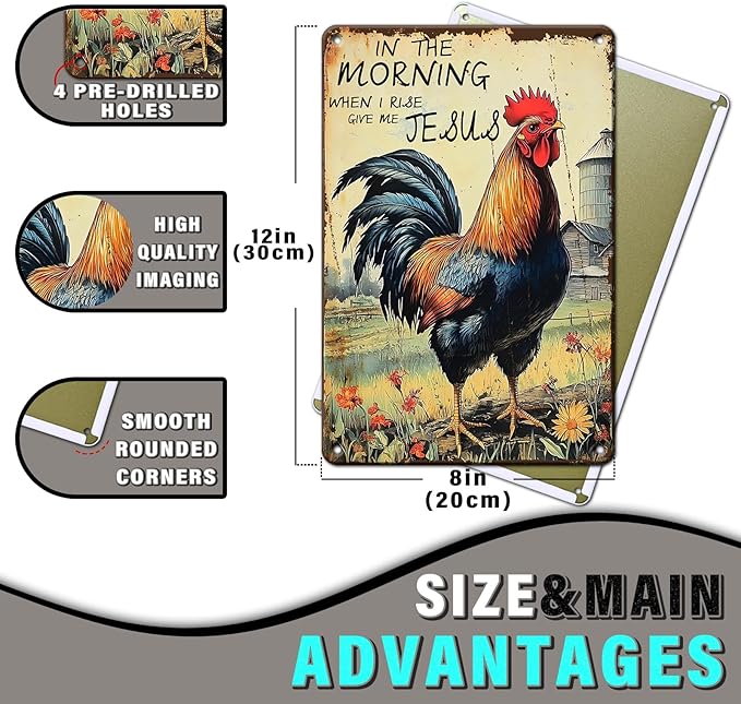 PEACHGARDEN Rooster Decor Chicken Coop Metal Sign Rooster Crowing - In The Morning When I Rise Give Me - Farmhouse Wall Art Decor for Garden Kitchen Yard Farm 8X12inch