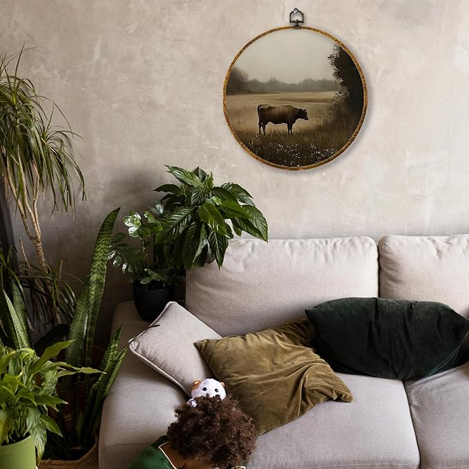 Hiuwevt Vintage Moody Cow Round Wall Art Decor, Dark Academia Cow Framed Canvas Prints, Rustic Cottagecore Farm Animal Round Wall Hanging Decor for Home Bedroom Living Room Decorations, 10x10 Inches