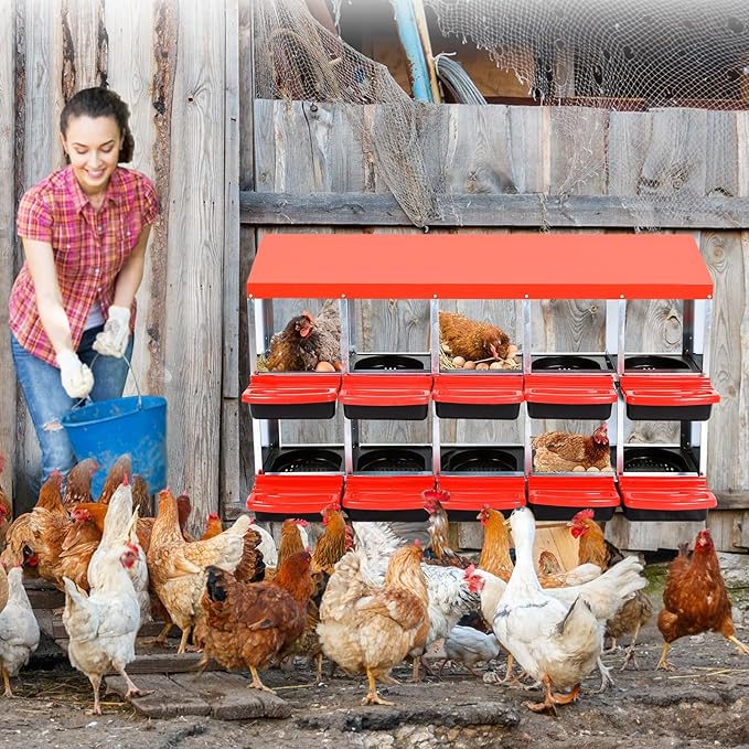 10 Compartment Metal Chicken Nesting Box, Automatic Roll-Out Egg Collection, Waterproof Galvanized Steel Laying Box, for Hens Ducks Rabbits, Red