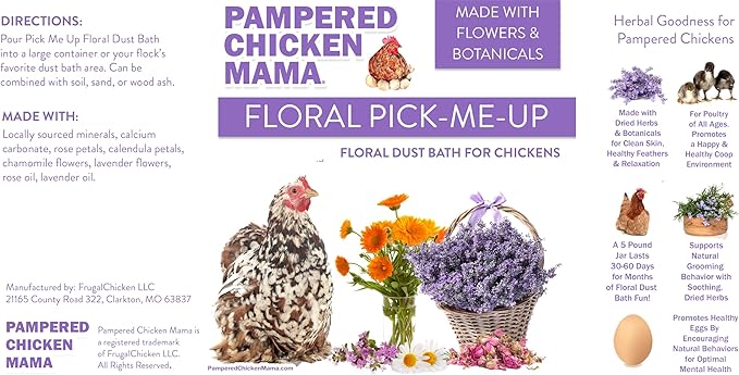 Pampered Chicken Mama Floral Dust Bath with Premium Herbs & Flowers: All Natural Poultry Supplies for Hens Who Love Bathing in Chicken Coops - Pick Me Up Floral Dust Bath (6 pounds)