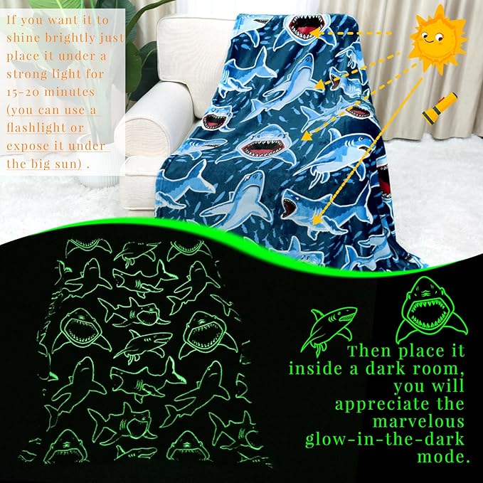 Shark Gifts for Kids, Toddler Blanket for Boys, Shark Toys for Boys Girls, Glow in The Dark Fish Blanket, Soft Cozy Fleece Throw with Cute Ocean Sharks Stuff, Bedroom Decor, 50" x 60"