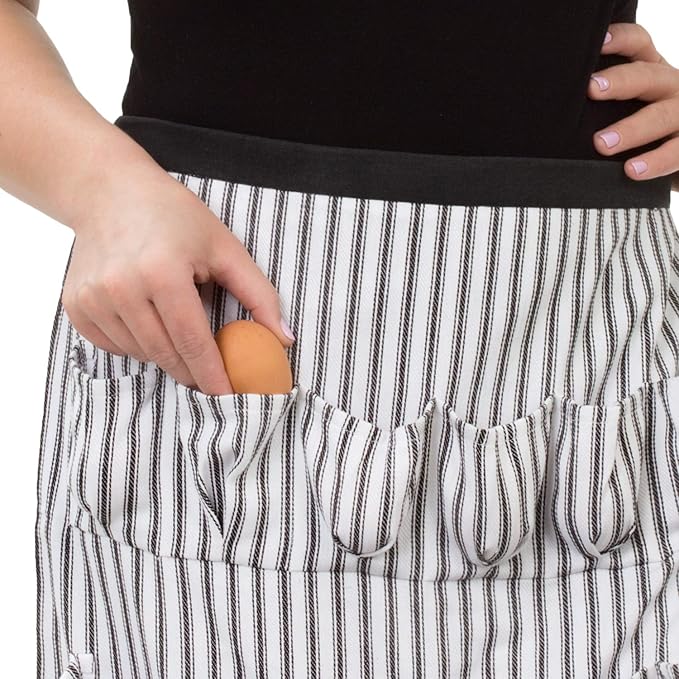 Cackleberry Home Egg Collecting & Gathering Apron 12 Pockets, Black and White Ticking Stripe