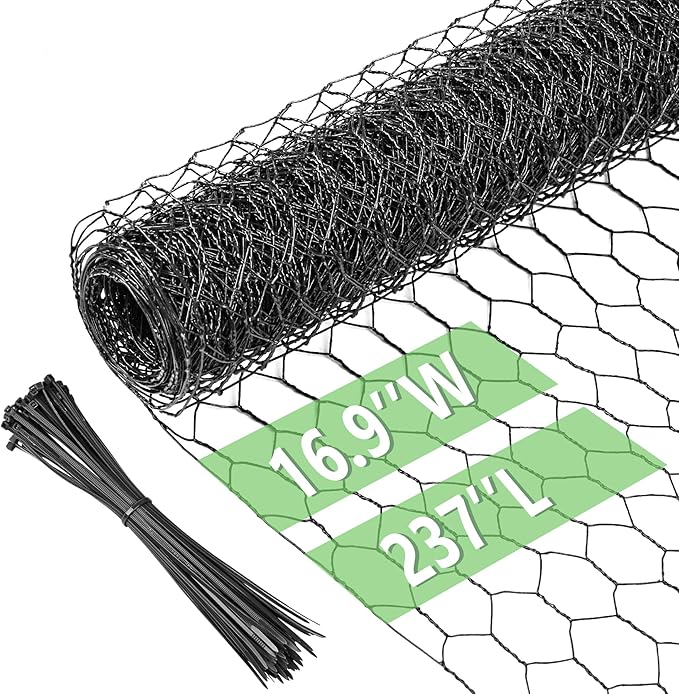 Chicken Wire 16.9 in x 237 in Poultry Wire Netting Hexagonal Galvanized Mesh Garden Fence Barrier for Pet Rabbit Chicken Fencing with 100 Pcs Cable Zip Ties(PVC-Coated)