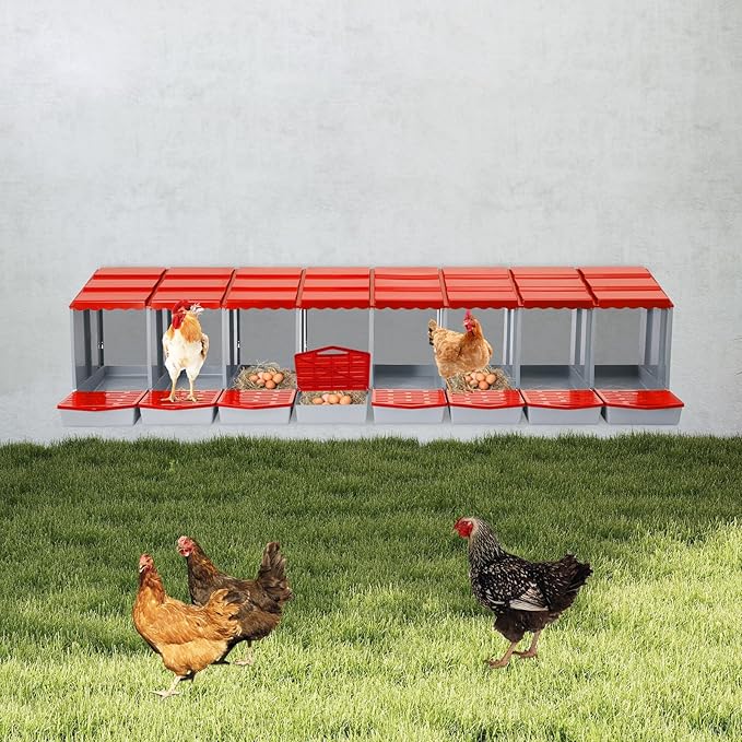 Chicken Nesting Box, 8 Compartments PP Nesting Box, Wall Mountable Nesting Boxes with Inclined Top, Drain Holes & Resting Platform for Chicken and Poultry to Collect Eggs