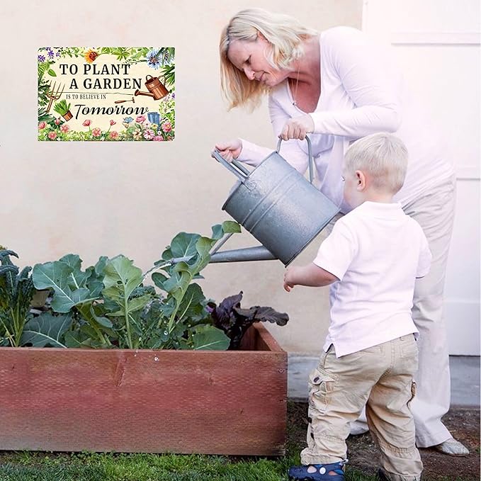 To Plant A Garden is To Believe Tomorrow Tin Signs-Funny Garden Signs for Outside,Gardening Metal Signs Perfect Gifts for Plant Lover Mothers Grandmas and Housewarming 8x12in