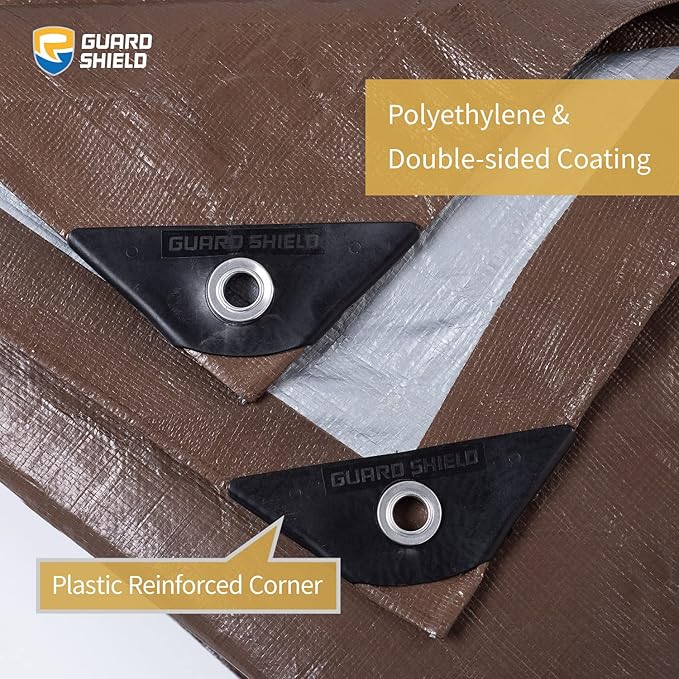 GUARD SHIELD Tarps Heavy Duty Waterproof 12x20 Feet Brown/Bright Silver Poly Tarp Cover Outdoor Thick UV Resistant Tarpaulin with Grommets 10mil