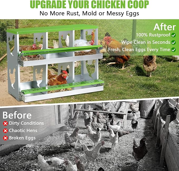 Chicken Nesting Box for Laying Eggs,6 Hole Roll Away Nesting Boxes,Chicken Laying Boxes with Large Vented Holes,Wall-Mountable Chicken Coop Nesting Boxes,Metal Laying Boxes for Hens,Ducks(Green)