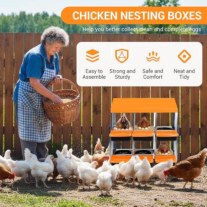Chicken Nesting Box 6-Hole Roll Away Egg Laying Box with Lid & Stand, Galvanized Steel Rustproof Poultry Coop Box, Easy Clean, Wall Mountable No Bracket Needed for Hens, Orange