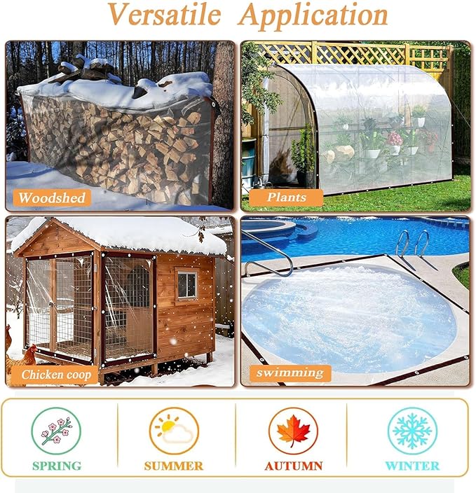 12x15FT Clear Vinyl Tarp, Clear Tarps Heavy Duty Waterproof with Grommets UV/Tear Resistant, Clear Plastic Tarp for Outdoor Porches Patio Enclosure Greenhouse Chicken Coop Cover