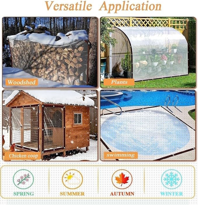 5x7FT Clear Tarps Heavy Duty Waterproof, Clear Vinyl Tarp with Grommets and Elastic Ball Rope, 3FT 4FT 5FT 6FT 7FT for Outdoor Patio Enclosure Greenhouse Chicken Coop Cover