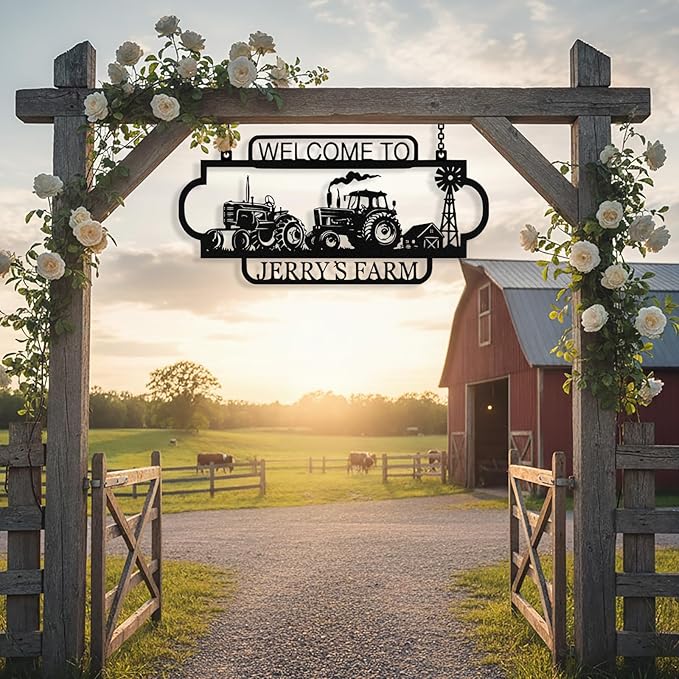 Personalized Metal Farm Sign, Custom Tractor Farm Metal Signs Outdoor, Custom Ranch Sign, Customized Large Hanging Family Name Welcome Sign for Farms, Ranch, Barn, Farmhouse