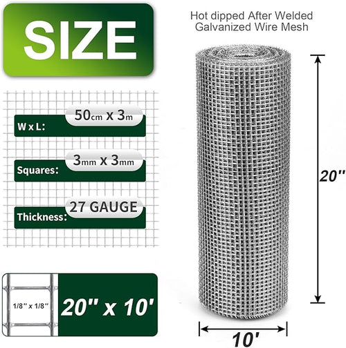 1/8 Inch Hardware Cloth 20'' x 10' 27 Gauge Hot Dip Galvanized Welded Wire Mesh for Chicken House/Coop Fencing, Animal Cage Netting, Bee Swarm Protection Netting and Poultry Enclosures