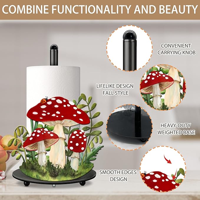 Hexagram Mushroom Decor Gifts Mushroom Kitchen Decor Rustic Home Bathroom Decor Farmhouse Paper Towel Holder Countertop Standing Cute Decorations Gifts for Christmas Housewarming