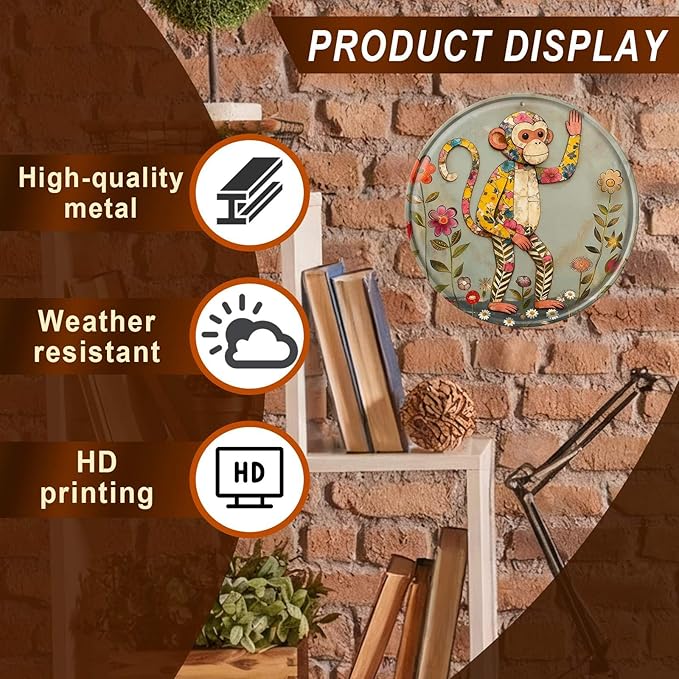 Monkey Round Metal Tin Sign Wreath Farm Flowers Rustic Vintage Wall Art Decor for Home Garden Porch Yard Farmhouse Outdoor Decor 8x8inch