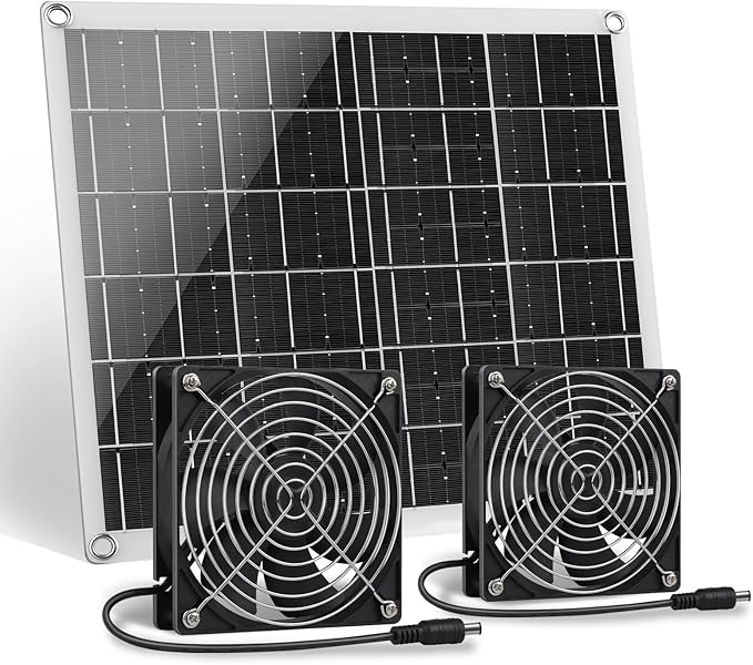 Solar Fan, 15W Solar Panel Fan with Two IP67 Waterproof Fan for Small Chicken Coops, Greenhouses, Sheds, Pet Houses, Intake or Exhaust air