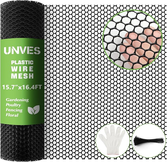 Unves Chicken Wire Plastic Mesh, 15.7IN x 16.4FT Fencing for Poultry Floral Dogs Rabbit Pets Barrier Netting, 0.35" Mesh Hexagonal Plastic Fence Roll, Black