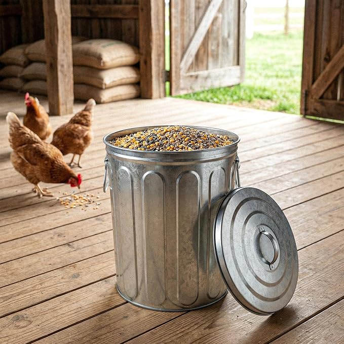 Plexon 5 Gallon Small Metal Trash Can with Lid Outdoor Galvanized Bucket with Lid 5 Gal Fireplace Ash Bucket for Wood Stove Storage Can for Dog Food Bird Seed Storage Container Rodent Pet Proof 2 Pack