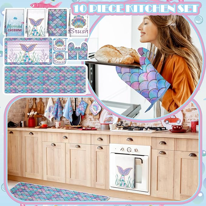 10 Pcs Mermaid Kitchen Dish Towels Rugs Oven Mitts and Pot Holders Set Farmhouse Kitchen Decor Set for Women Mom Daughter Gift Cooking Baking Grilling