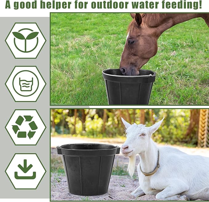 Sadnyy 2 Pcs Rubber Feeder Bucket, 8 Quart 2 Gallon Rubber Horse Feed Bucket with Handle Large Utility Feed Pan Dog Bowl Horse Feeder for Goats Horses Animal Feeding, 10.6 x 8.6 Inches