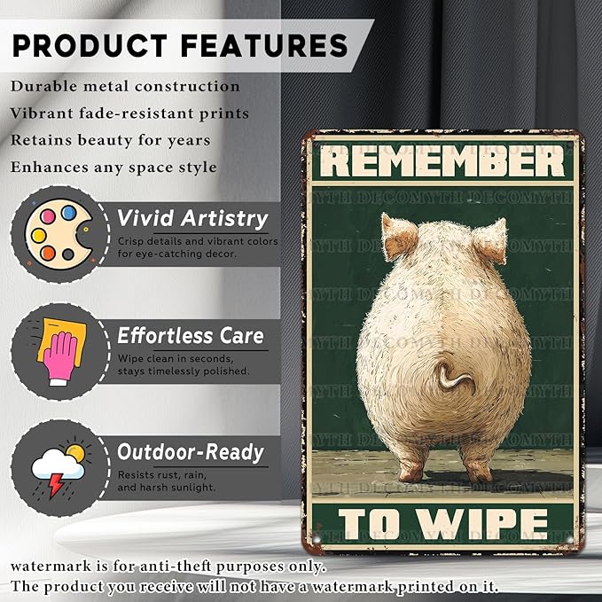 Vintage Pig Tin Sign Remember To Wipe Retro Wall Decor Nostalgic Art Funny Rustic Metal Poster Outdoor Store Cafe Poultry House Pubs Yard Bathroom Farm Farmhouse Toilet Restroom 12 * 8inch